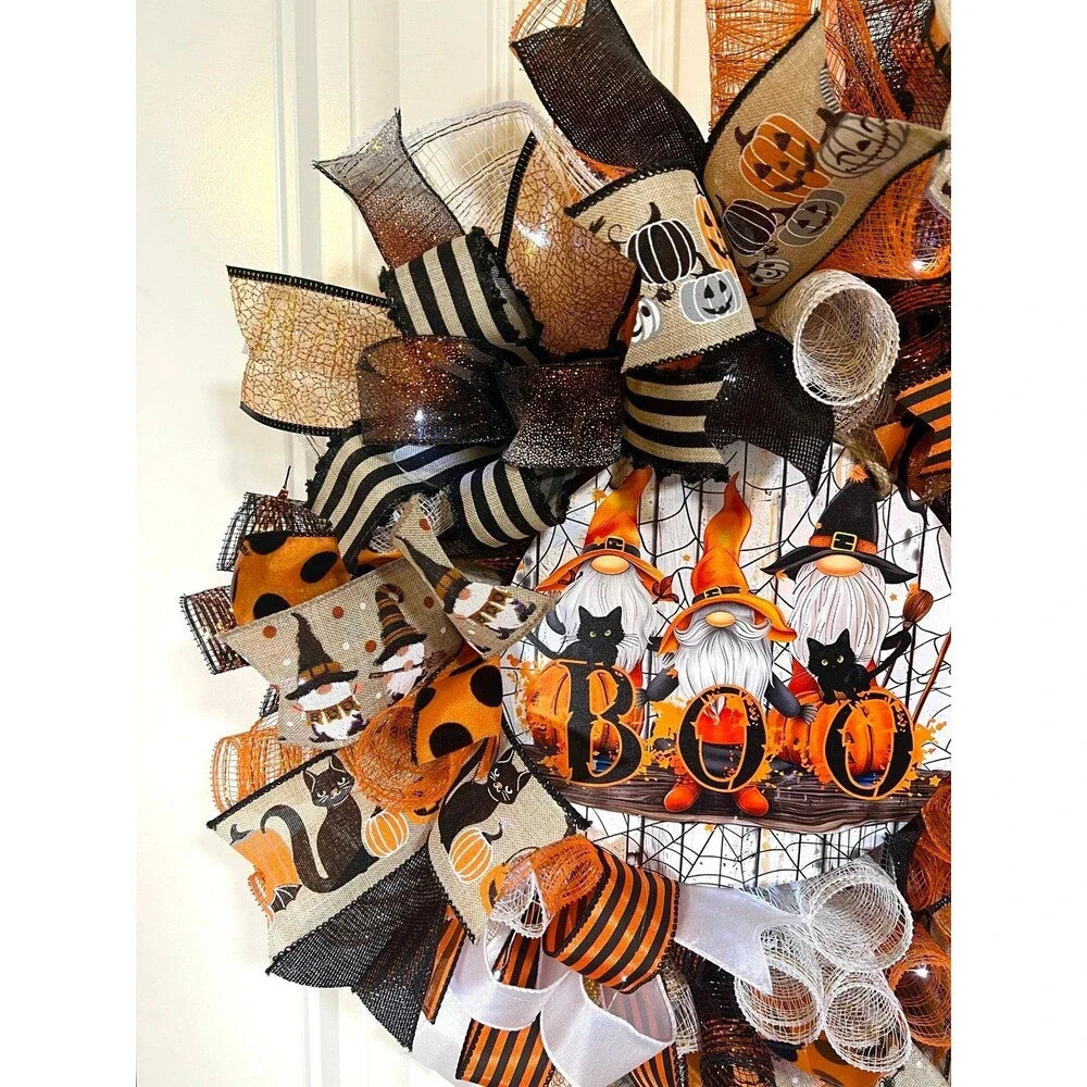 Handmade 22 in Halloween Wreath Boo Witch Gnome and Cats LED Lights #W14